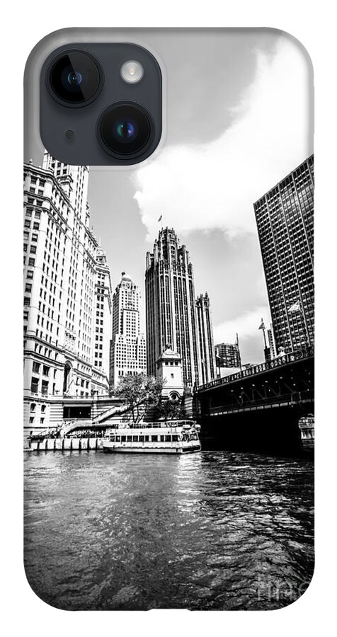 America iPhone 14 Case featuring the photograph Chicago Wrigley Tribune Equitable Buildings Black and White Phot by Paul Velgos