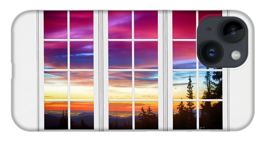 Window To Nature iPhone Case featuring the photograph City Lights Sunrise View Through White Window Frame by James BO Insogna