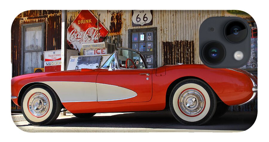 Corvette iPhone 14 Case featuring the photograph Classic Corvette on Route 66 by Mike McGlothlen