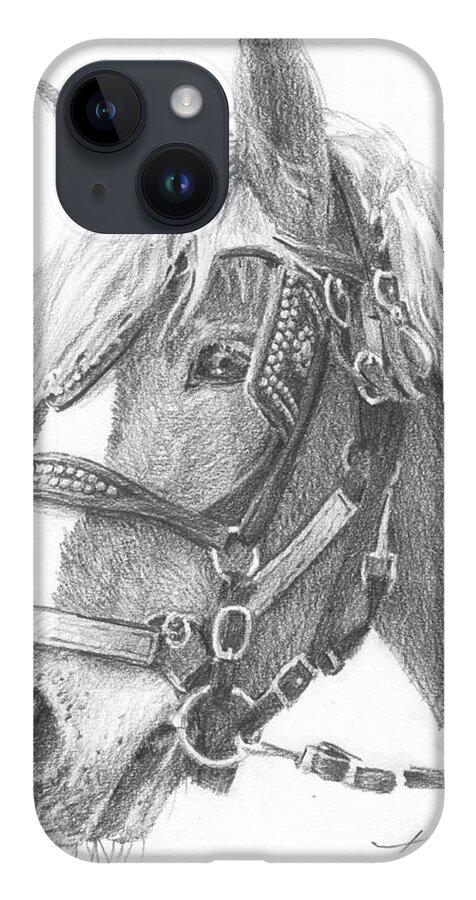 <a Href=http://miketheuer.com Target =_blank>www.miketheuer.com</a> Clydesdale Horse Pencil_portrait iPhone 14 Case featuring the drawing Clydesdale Horse Pencil_portrait by Mike Theuer