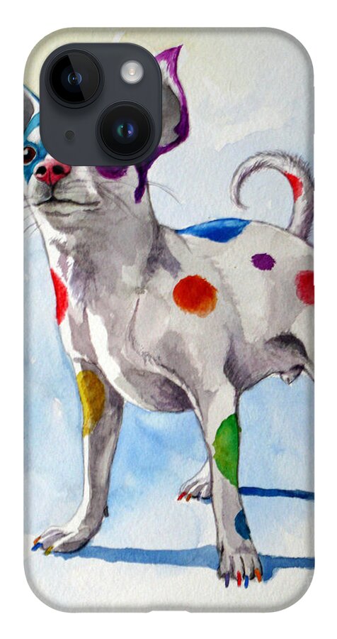 Chihuahua iPhone 14 Case featuring the painting Colorful Dalmatian Chihuahua by Christopher Shellhammer
