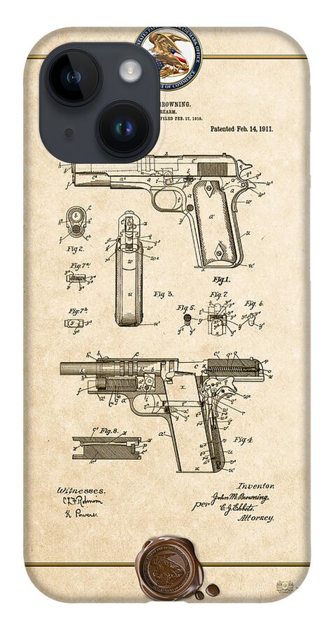 C7 Vintage Patents Weapons And Firearms iPhone 14 Case featuring the digital art Colt 1911 by John M. Browning - Vintage Patent Document by Serge Averbukh