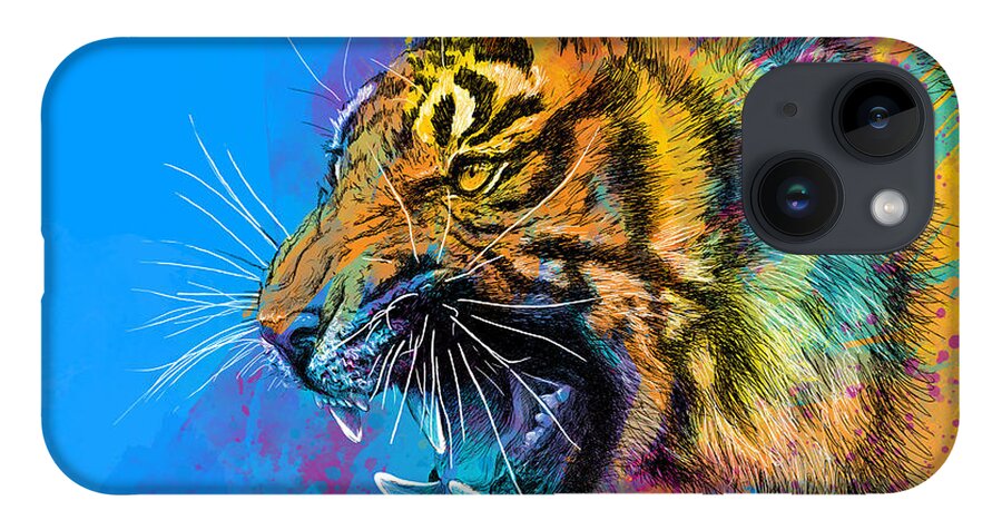 Tiger iPhone 14 Case featuring the digital art Crazy Tiger by Olga Shvartsur