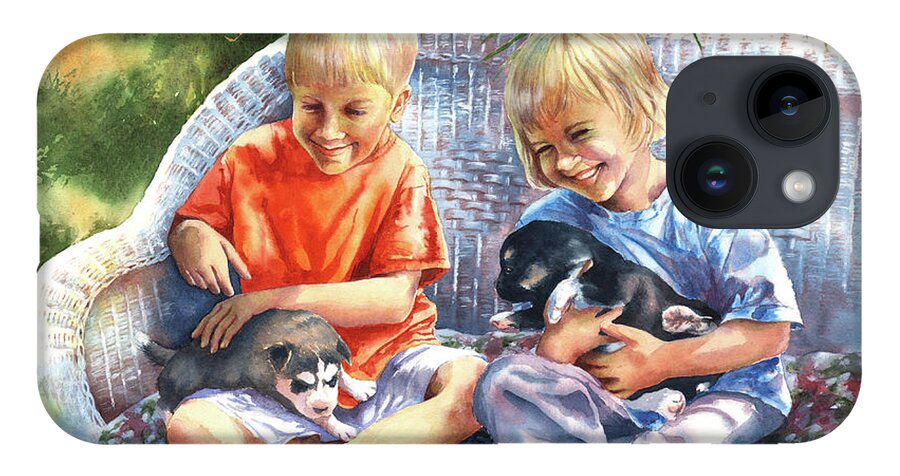Children iPhone 14 Case featuring the painting Dakotas Puppies by Jill Westbrook