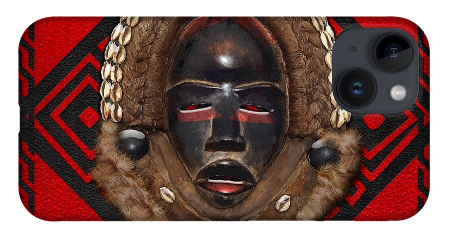 'treasures Of Africa' Collection By Serge Averbukh iPhone 14 Case featuring the digital art Dean Gle Mask by Dan People of the Ivory Coast and Liberia on Red Leather by Serge Averbukh