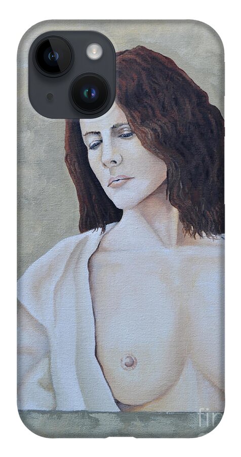 A Portrait Of A Woman In Her Robe While Being Topless. She Has Long Brown Wavy Hair. iPhone 14 Case featuring the painting Nude in Robe by Martin Schmidt