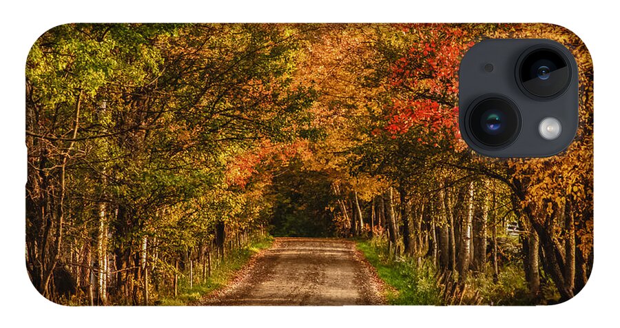 Peacham Vermont iPhone 14 Case featuring the photograph Fall color along a dirt backroad by Jeff Folger