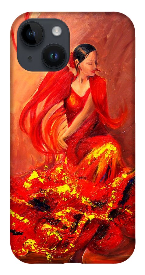 Flamenco Dancer iPhone 14 Case featuring the painting Fire of Life Flamenco by Sheri Chakamian