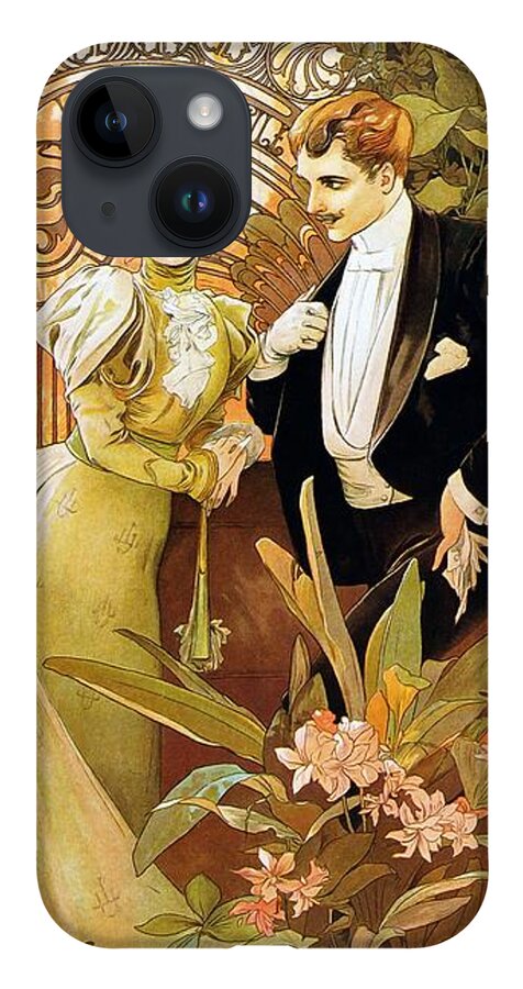 Alphonse Mucha iPhone 14 Case featuring the painting Flirt by Alphonse Mucha