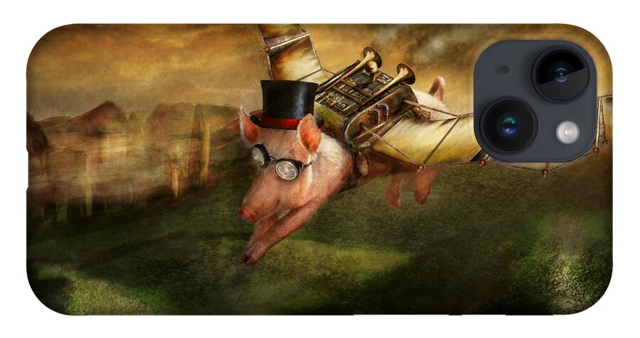 Pig iPhone 14 Case featuring the photograph Flying Pig - Steampunk - The flying swine by Mike Savad