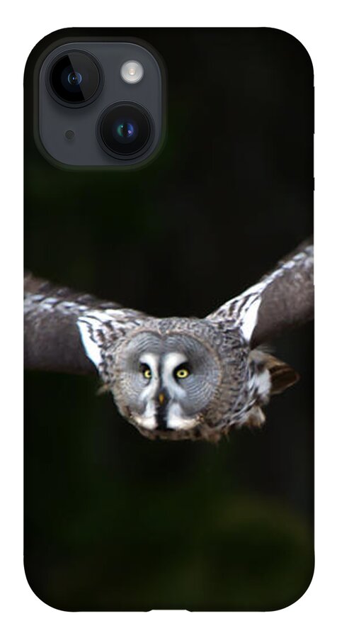Flying Great Grey Owl iPhone 14 Case featuring the photograph Focus on the target by Torbjorn Swenelius