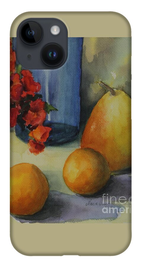Pewter Vase iPhone 14 Case featuring the photograph Geraniums with Pear and Oranges by Maria Hunt