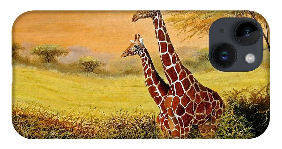 African Paintings iPhone 14 Case featuring the painting Giraffes Watching by Wycliffe Ndwiga