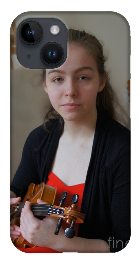 Red And Black iPhone 14 Case featuring the photograph Girl in red and black with a violin by Elena Perelman