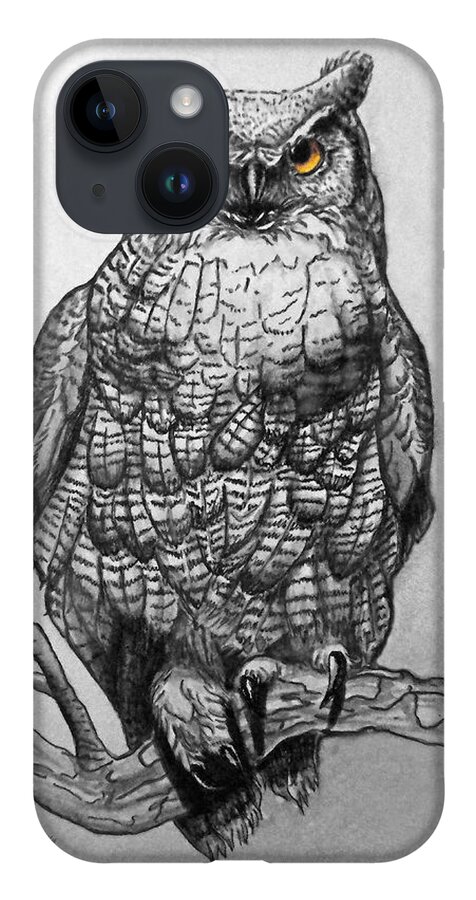 Great Horned Owl iPhone 14 Case featuring the painting Great Horned Owl Black And White by Sandi OReilly