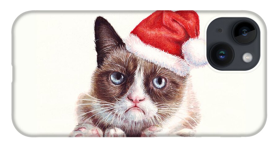 Grumpy iPhone 14 Case featuring the painting Grumpy Cat as Santa by Olga Shvartsur