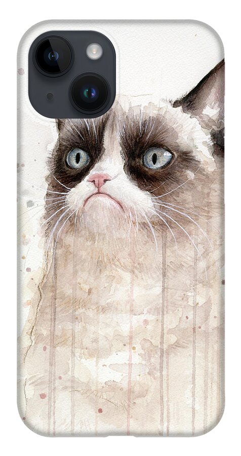 Grumpy iPhone 14 Case featuring the painting Grumpy Watercolor Cat by Olga Shvartsur