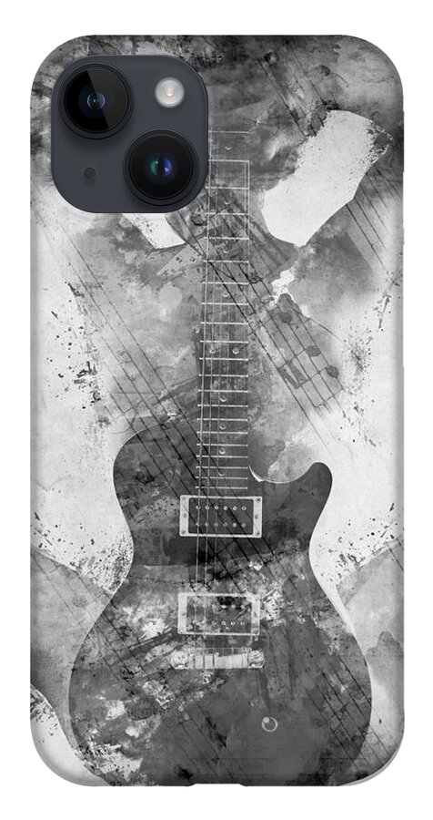 Guitar iPhone 14 Case featuring the digital art Guitar Siren in Black and White by Nikki Smith