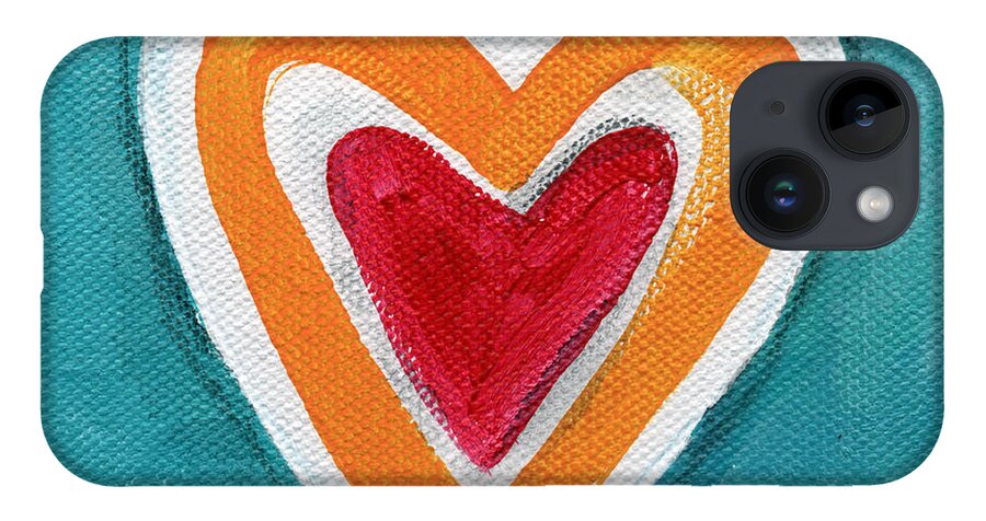 Love Hearts Romance Family Valentine Painting Heart Painting Blue Orange White Red Watercolor Ink Pop Art Bold Colors Bedroom Art Kitchen Art Living Room Art Gallery Wall Art Art For Interior Designers Hospitality Art Set Design Wedding Gift Art By Linda Woods Kids Room Art Dorm Room Pillow iPhone 14 Case featuring the painting Happy Love by Linda Woods