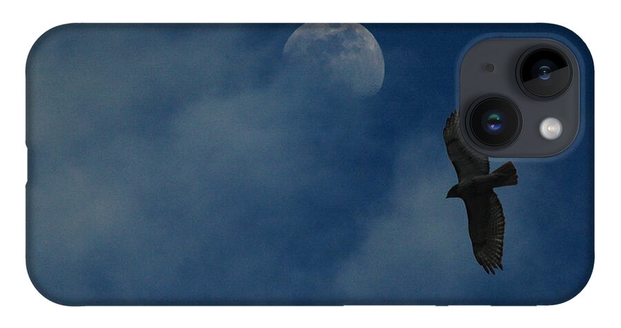 Hawk iPhone 14 Case featuring the photograph Hawk and Moon Coming Out of the Mist by Raymond Salani III