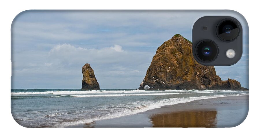 Beach iPhone 14 Case featuring the photograph Haystack Rock Reflected in the Wet Sand by Jeff Goulden