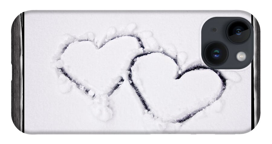 Snow iPhone 14 Case featuring the photograph Hearts on Snow with Wood Panel Background by Beverly Claire Kaiya