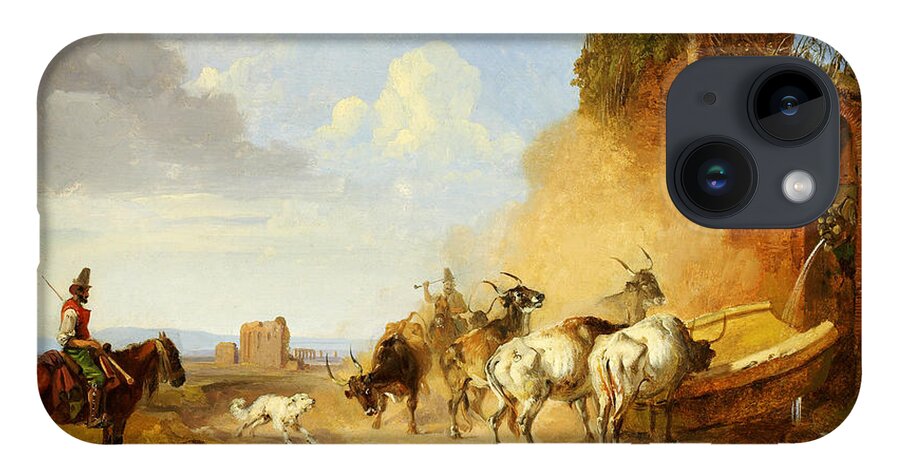 Heinrich Burkel Cattle Watering At A Fountain On The Via Appia A Tiqua iPhone Case featuring the painting Heinrich Burkel Cattle Watering at a Fountain on the Via Appia A tiqua by MotionAge Designs