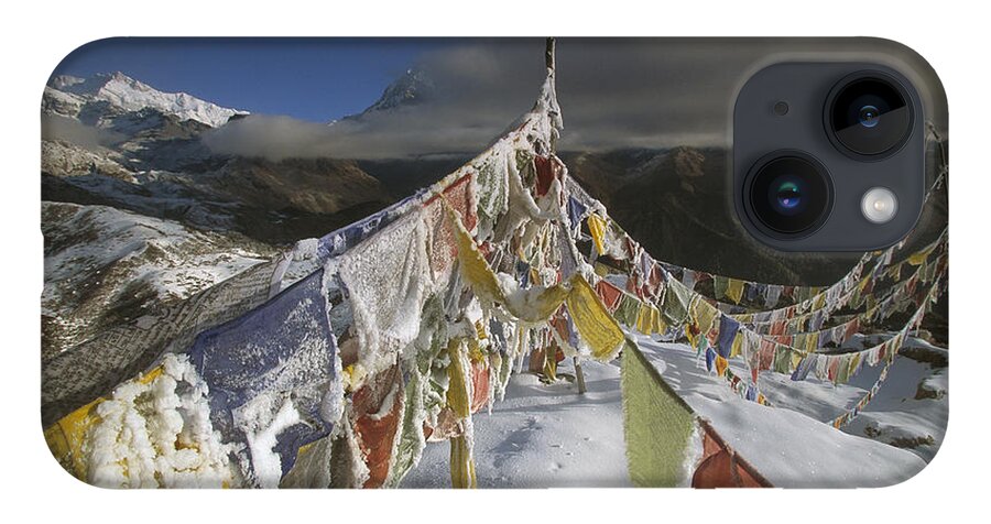 Feb0514 iPhone 14 Case featuring the photograph Icy Prayer Flags Himalaya India by Colin Monteath