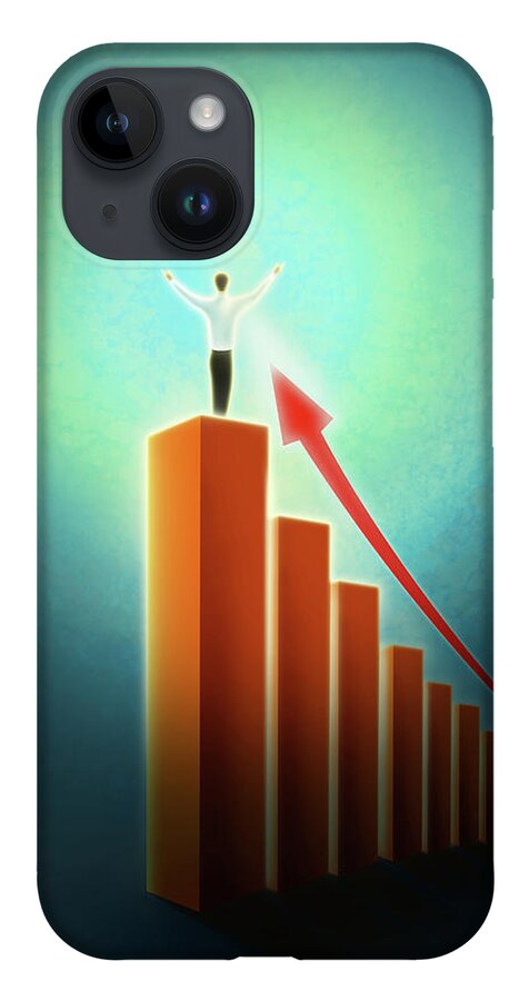 Achievement iPhone 14 Case featuring the photograph Illustration Of Businessman Standing On Bar Graph by Fanatic Studio / Science Photo Library