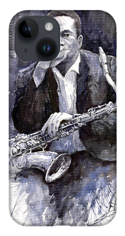 Jazz iPhone 14 Case featuring the painting Jazz Saxophonist John Coltrane black by Yuriy Shevchuk