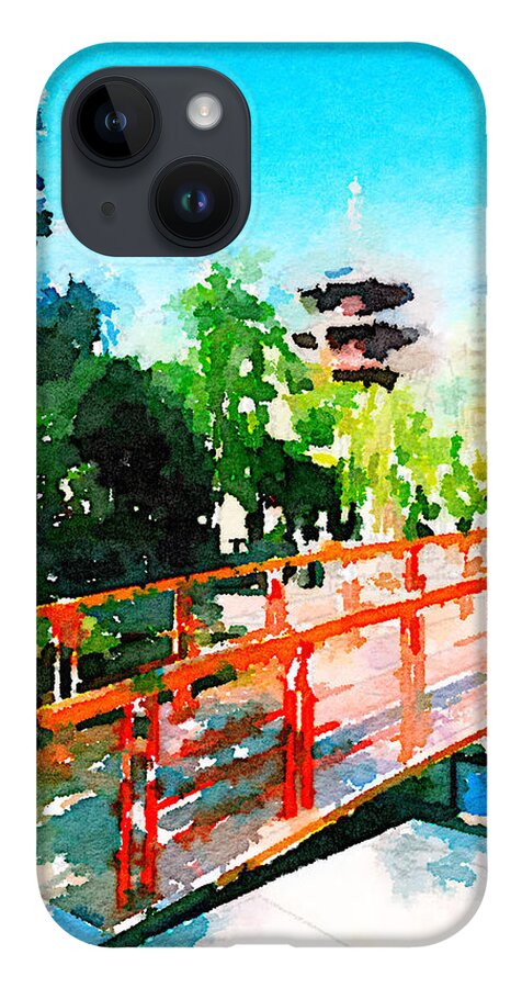 Kawasaki Daishi iPhone Case featuring the painting Kawasaki Daishi Bridge and Five-Storied Pagoda by Beverly Claire Kaiya