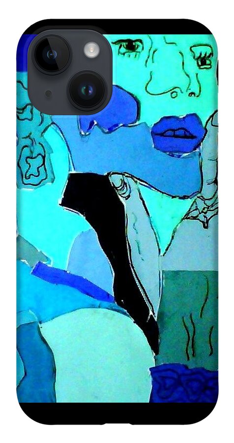 Lady iPhone 14 Case featuring the mixed media Lady in Blue by Suzanne Berthier