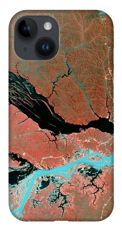 Landsat Imagery iPhone 14 Case featuring the photograph Landsat Image Of Confluence Of Amazon & Rio Negro by Mda Information Systems/science Photo Library