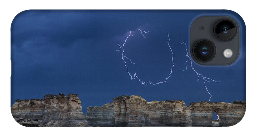 Kansas iPhone 14 Case featuring the photograph Lariat lightning at Monument Rocks by Rob Graham