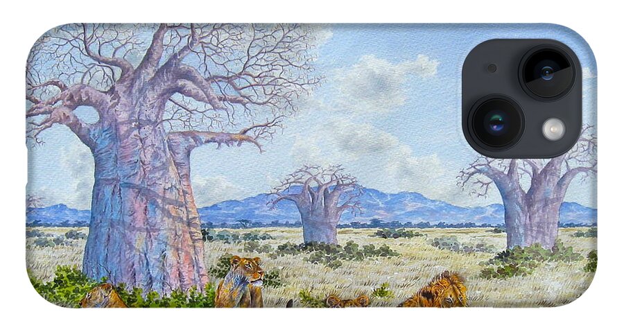 African Paintings iPhone 14 Case featuring the painting Lions by the Baobab by Joseph Thiongo