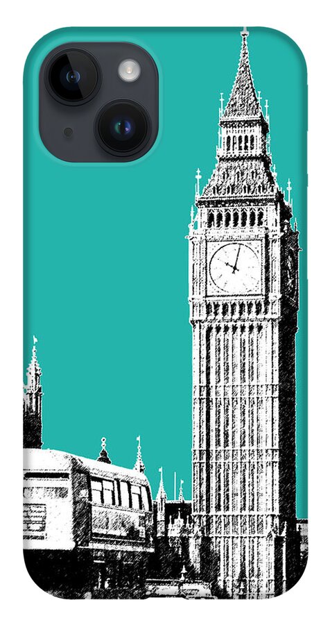Architecture iPhone 14 Case featuring the digital art London Skyline Big Ben - Teal by DB Artist
