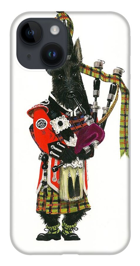 Scottish Terrier iPhone 14 Case featuring the painting MacDuff and the Pipes by Margaryta Yermolayeva