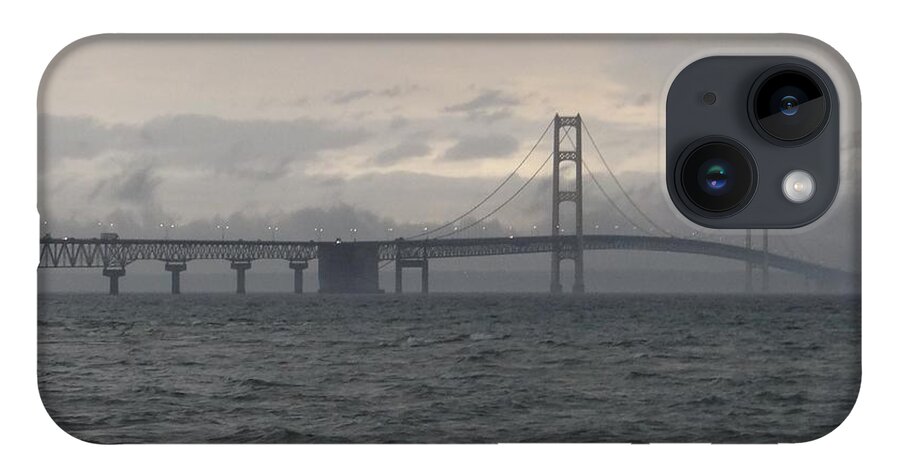 Michigan iPhone 14 Case featuring the photograph Mackinac Bridge in the Rain by Keith Stokes