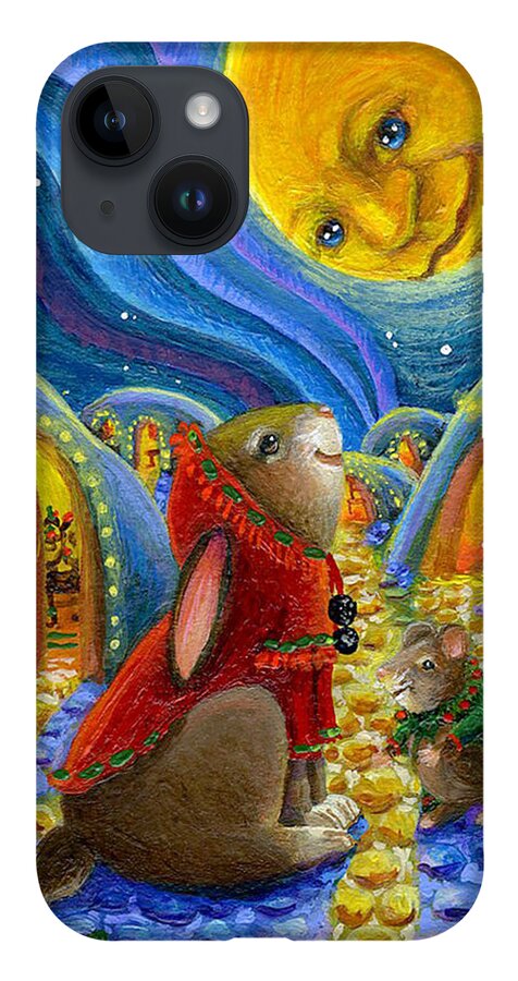 Rabbit iPhone 14 Case featuring the painting Man in the Moon Christmas Night by Jacquelin L Westerman