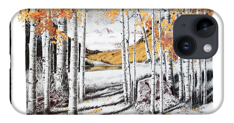 Colorado iPhone 14 Case featuring the painting Maroon Bells gold with Border by Jill Westbrook