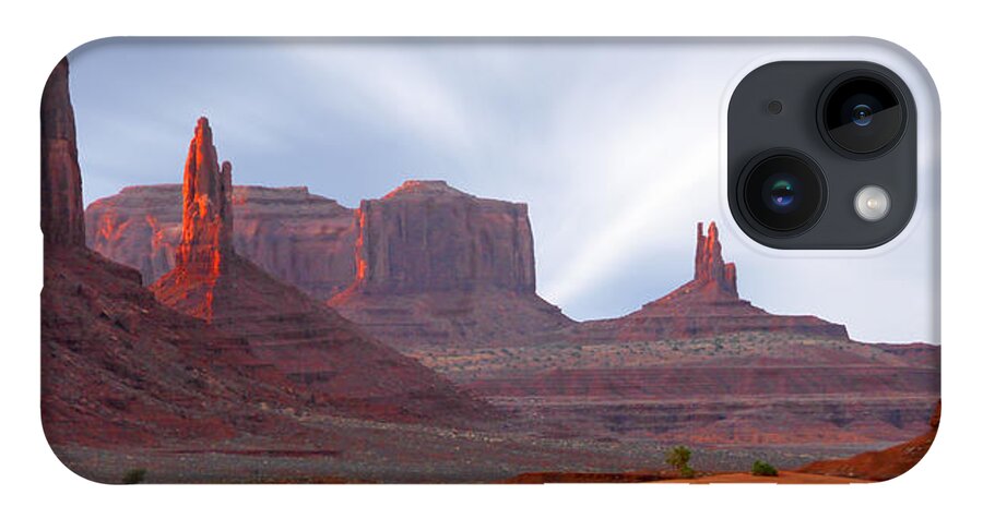 Desert iPhone 14 Case featuring the photograph Monument Valley at Sunset Panoramic by Mike McGlothlen