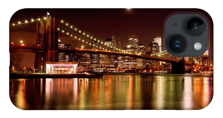 Amazing Brooklyn Bridge Photos iPhone Case featuring the photograph Moon Over the Brooklyn Bridge by Mitchell R Grosky