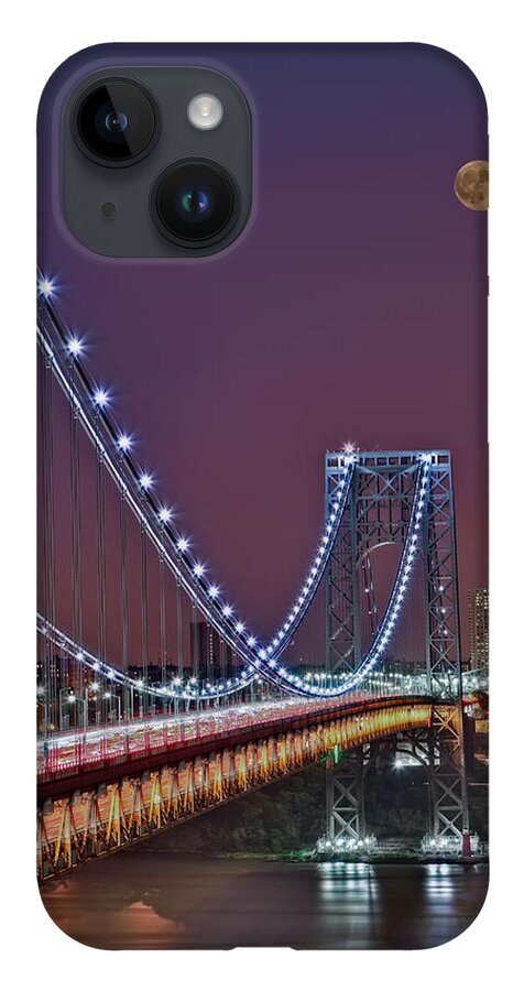 Full Moons iPhone 14 Case featuring the photograph Moon Rise over the George Washington Bridge by Susan Candelario