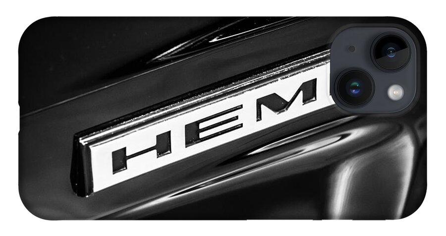 Chrysler iPhone 14 Case featuring the photograph Mopar Hemi Emblem Black and White Picture by Paul Velgos
