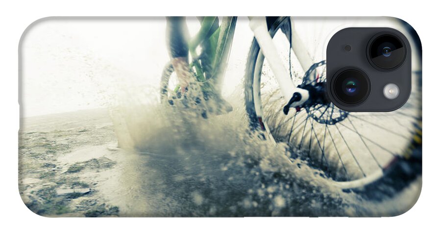 People iPhone 14 Case featuring the photograph Mountain Biker Racing Through Puddle by Nullplus