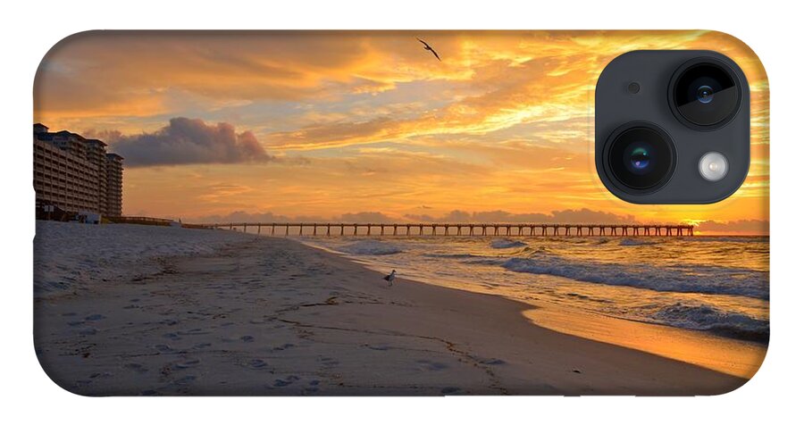 Navarre Pier iPhone 14 Case featuring the photograph Navarre Pier and Navarre Beach Skyline at Sunrise with Gulls by Jeff at JSJ Photography