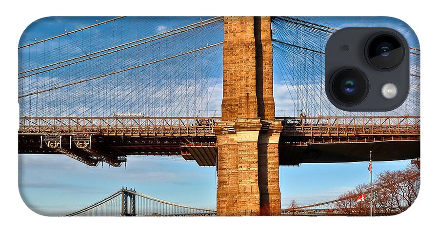 Amazing Brooklyn Bridge Photos iPhone Case featuring the photograph New York Bridges Lit by Golden Sunset by Mitchell R Grosky