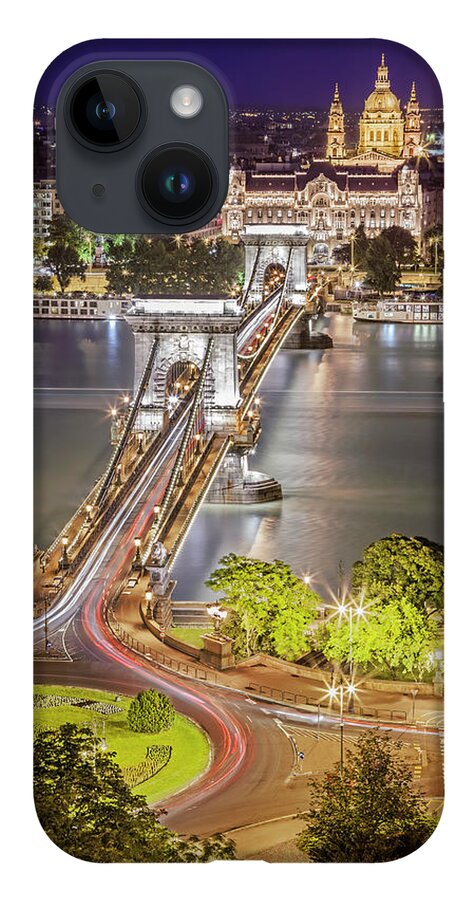 Built Structure iPhone 14 Case featuring the photograph Night View Of Pest From Buda Hill by All Rights Reserved - Copyright