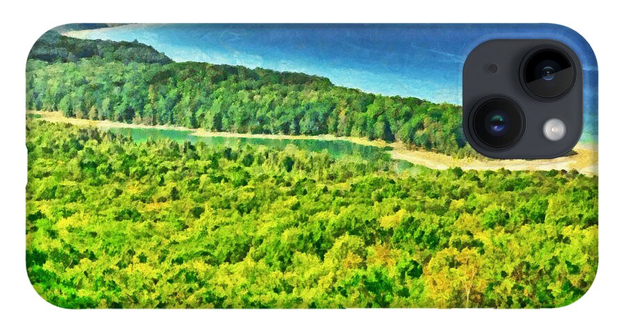 Pierce Stocking Scenic Drive iPhone 14 Case featuring the digital art North Bar Lake Overlook / Sleeping Bear Dunes National Lakeshore by Digital Photographic Arts