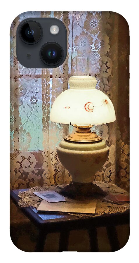 Lamp iPhone 14 Case featuring the photograph Parlor With Hurricane Lamp by Susan Savad